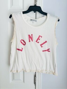 Wildfox White Tank with Pink "LONELY" Graphic and Lace Trim